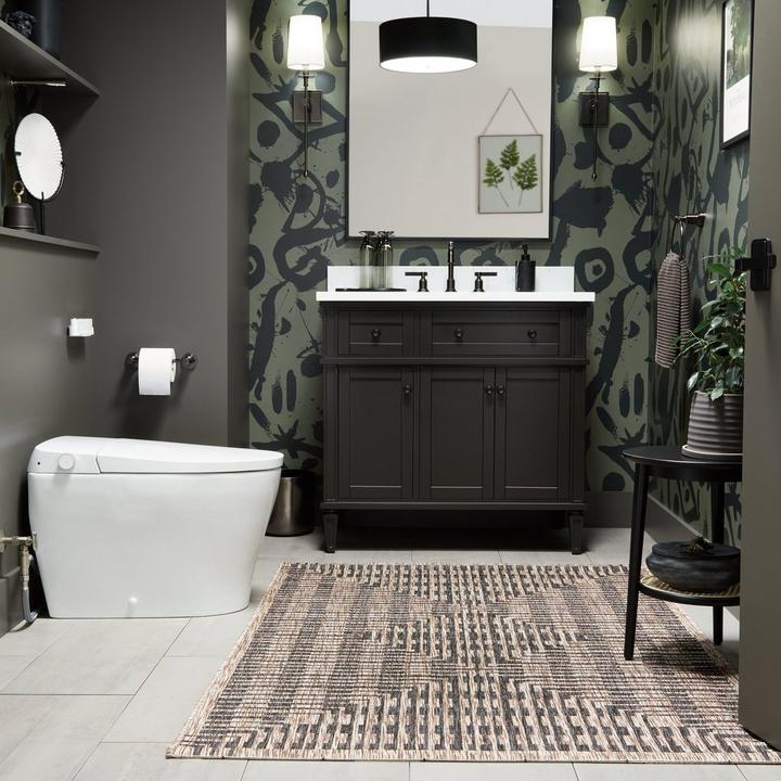 bathroom with 36" Charcoal Black Elmdale Vanity, Vela Smart Toilet, Greyfield Widespread Faucet, and Carpini Vanity Mirror