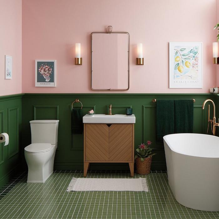 bathroom with 30" Fircrest Vanity, Lentz Single-Hole Faucet-, Lentz Towel Bar, Carraway Toilet, and Eden Freestanding Tub