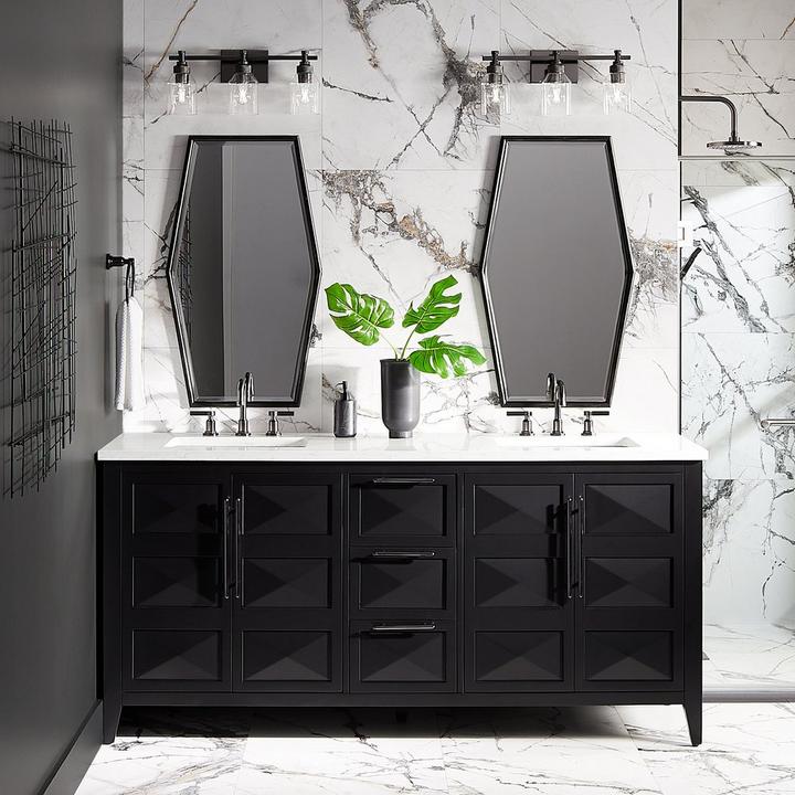 72" Holmesdale Vanity in Black, Greyfield Widespread Bathroom Faucet in Gunmetal, Tenaya Hexagonal Decorative Vanity Mirror