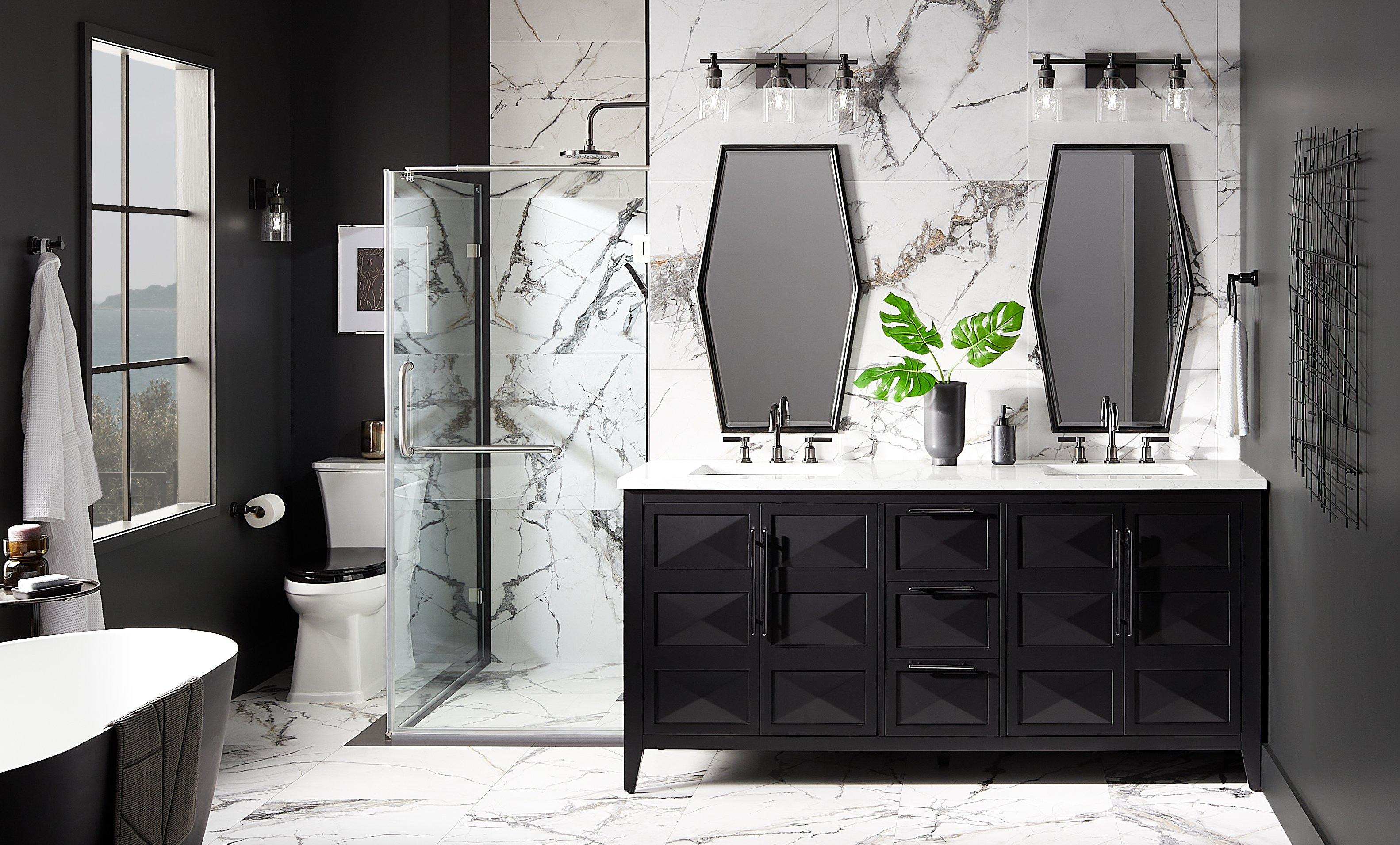 bathroom with 72" Holmesdale Bathroom Vanity, Greyfield Faucets, Stolo 3-Light Vanity Light, and Tenaya Decorative Vanity Mirror