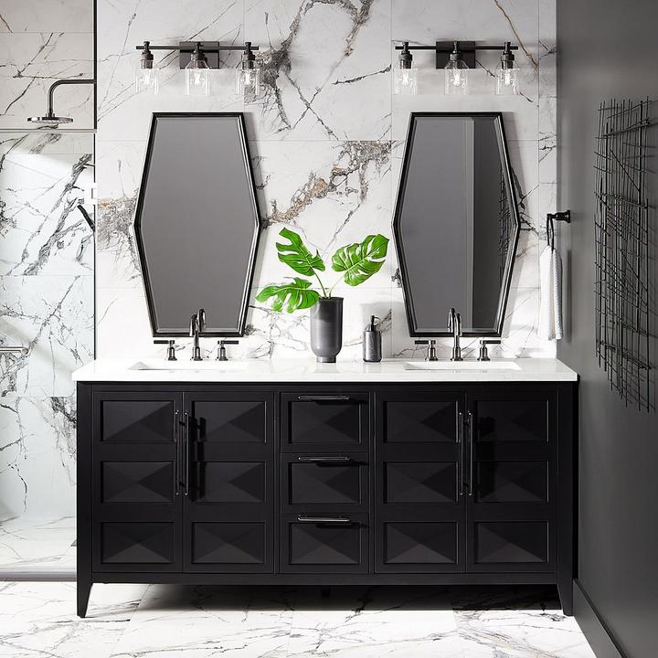 bathroom with 72" Holmesdale Vanity, Greyfield Faucets, Stolo 3-Light Vanity Light, and Tenaya Decorative Vanity Mirror
