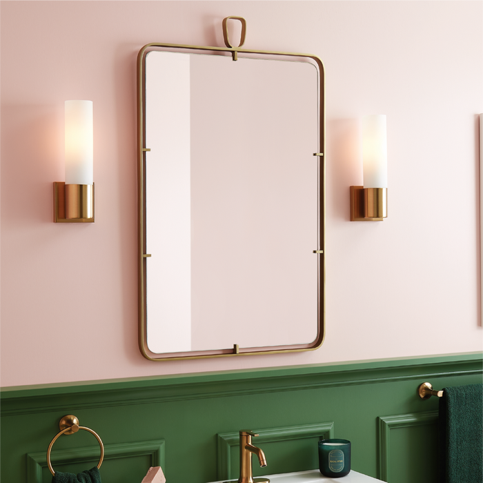 Martinelli Rounded Rectangle Decorative Vanity Mirror in Satin Brass, Leaman Vanity Sconce in Brushed Gold