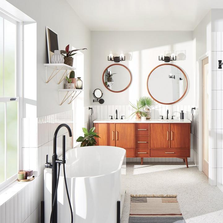 bathroom with Novak Double Teak Vanity, Lentz Faucets, Novak Vanity Mirror, and Conroy Freestanding Tub