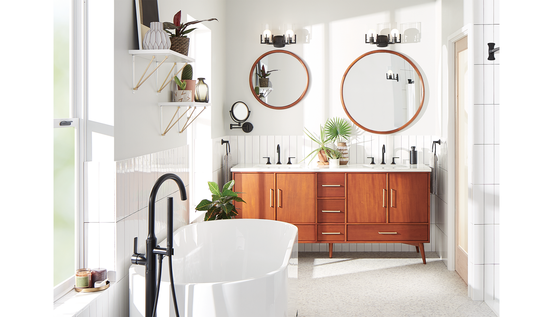 statement bathroom with Novak Double Teak Bathroom Vanity, Lentz Faucets, Novak Vanity Mirror, and Conroy Freestanding Tub