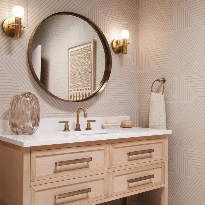 statement bathroom with 48" Robertson Vanity, Greyfield Widespread Faucet, Andreo Wall Sconce, and Palora Vanity Mirror