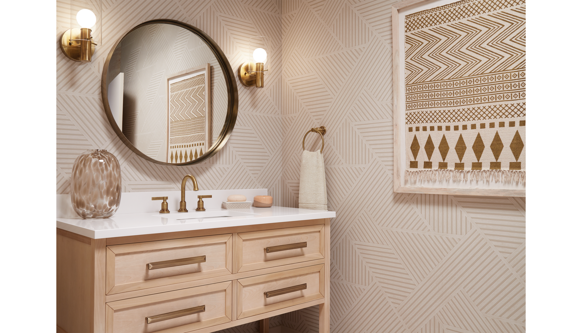 statement bathroom with 48" Robertson Vanity, Greyfield Widespread Faucet, Andreo Wall Sconce, and Palora Vanity Mirror