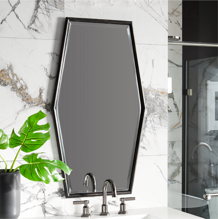 Tenaya Decorative Vanity Mirror, Greyfield Widespread Faucet in Gunmetal for statement bathroom