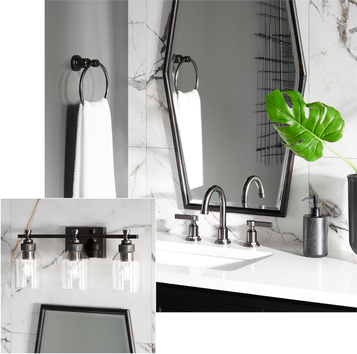 Tenaya Decorative Vanity Mirror, Greyfield Widespread Faucet, and Stolo 3-Light Vanity Light