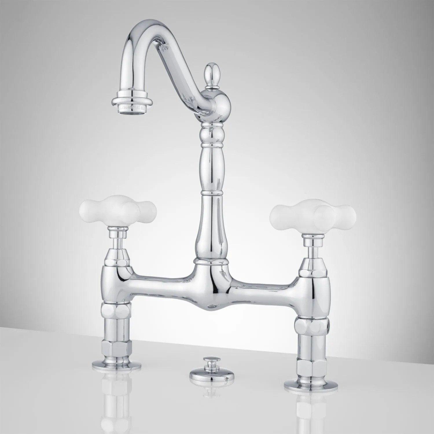 Bridge Kitchen Bathroom Faucets Signature Hardware Signature Hardware   913187 L 8 Inch Bridge Faucet Large Porcelain Cross Chrome 1 