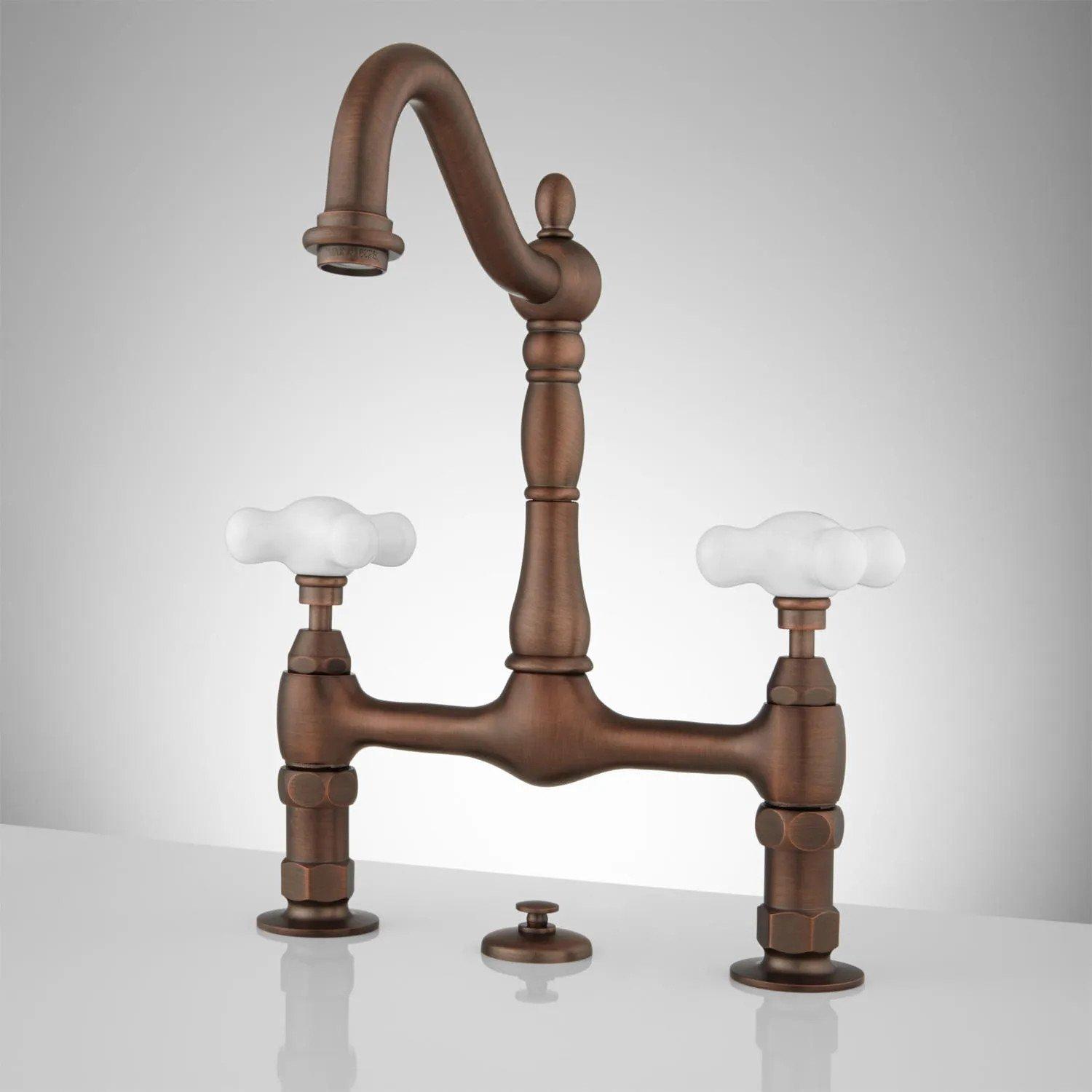 Bridge Kitchen Bathroom Faucets Signature Hardware Signature Hardware   913187 L 8 Inch Bridge Faucet Large Porcelain Cross Oil Rubbed Bronze 1 1 