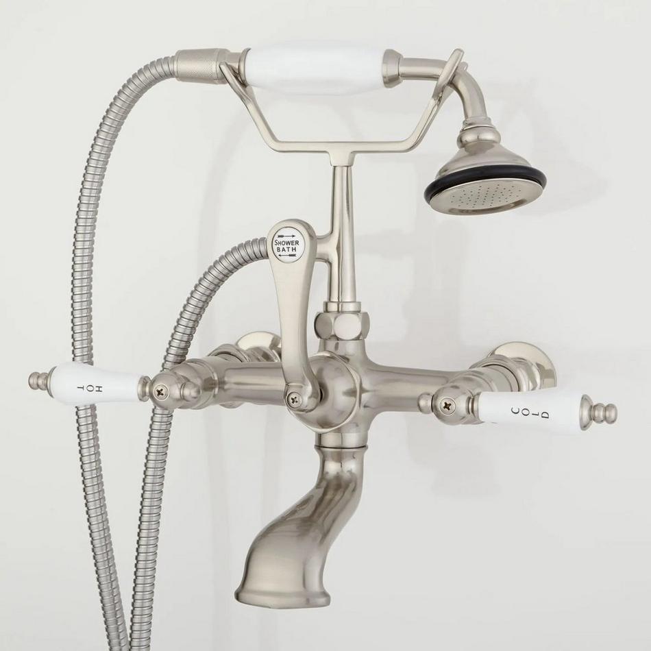 Wall-Mount Telephone Faucet with Porcelain Lever Handles and 6" Wall Couplers - Brushed Nickel, , large image number 0