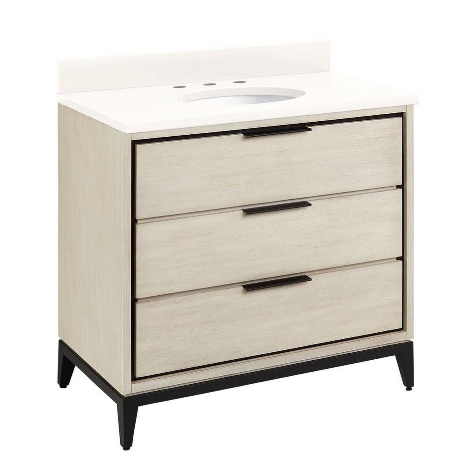 36" Hytes Mahogany Vanity With Undermount Sink - Sky Gray - Arctic White Quartz Widespread, , large image number 0