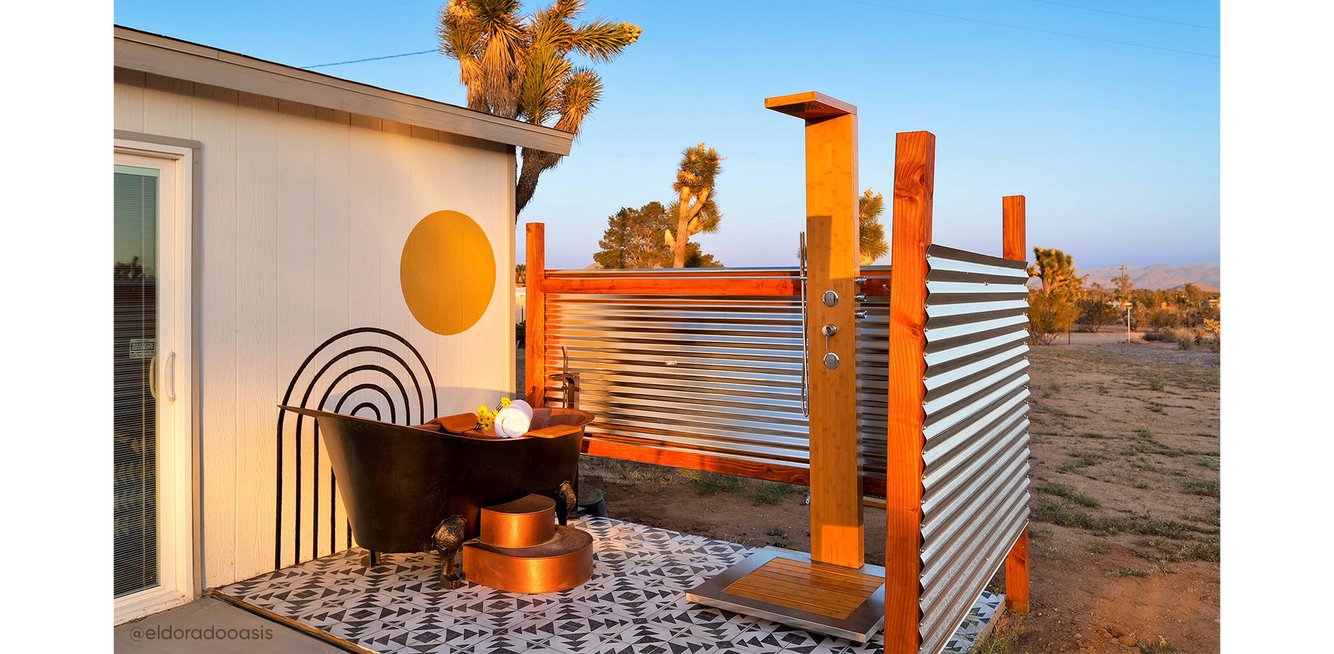 Outdoor bathroom from The Eldorado Oasis, McQuire Copper Clawfoot Tub, Murray Outdoor Bamboo Shower Panel, Orsen Maple Tub Caddy