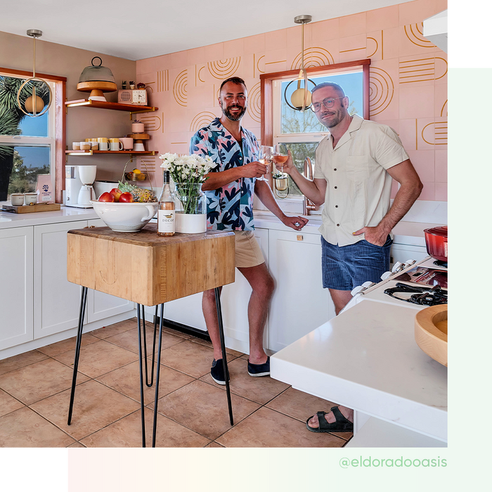 Kit Williamson & John Halbach from The El Dorado Oasis standing in a kitchen, Solid Bronze Textured Square Knob