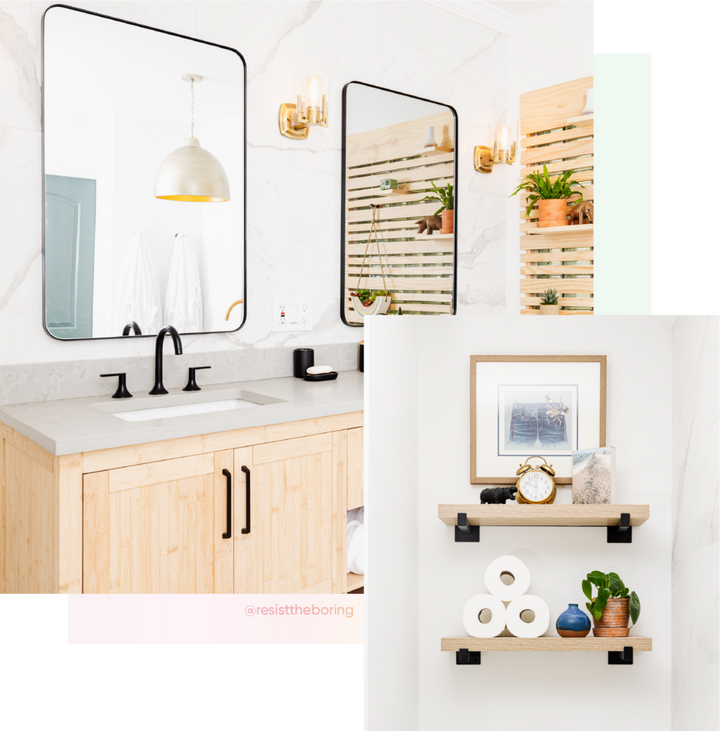 Bathroom from Resist the Boring, Lentz Bathroom Faucet in Matte Black, Bercken Vanity Sconce in Aged Brass