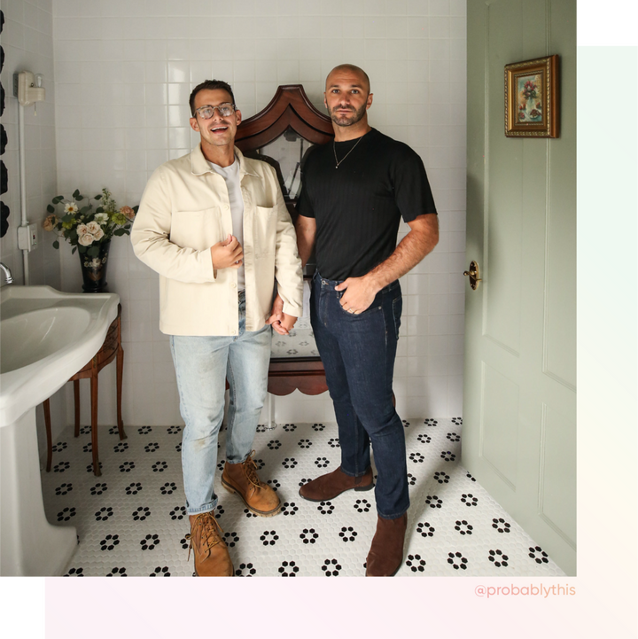 Matt and Beau of Probably This standing inside their renovated bathroom, Cierra Porcelain Pedestal Sink