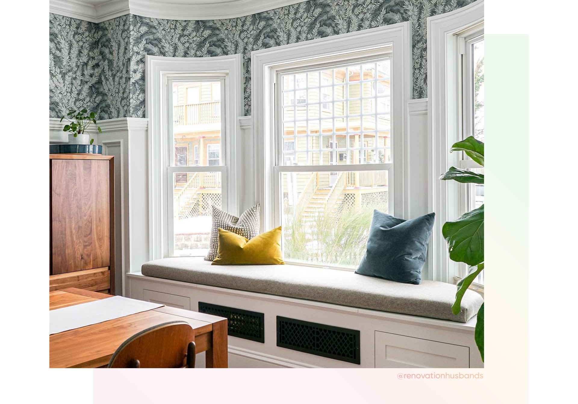 Living room from Renovation Husbands, Antique Cast Iron Wall Register located under a window bench