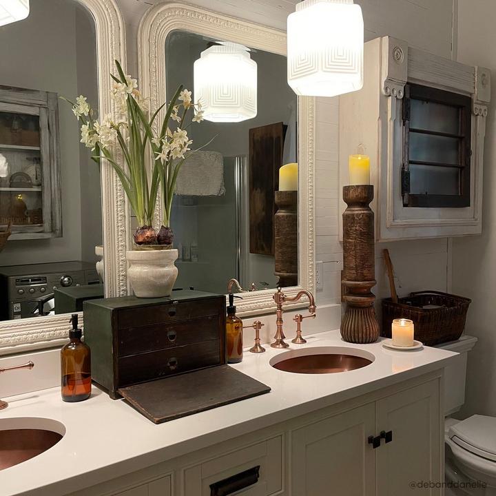 Bathroom from Deb & Danelle, 72" Quen Double Vanity for Undermount Sinks in White, Vintage Widespread Bathroom Faucet