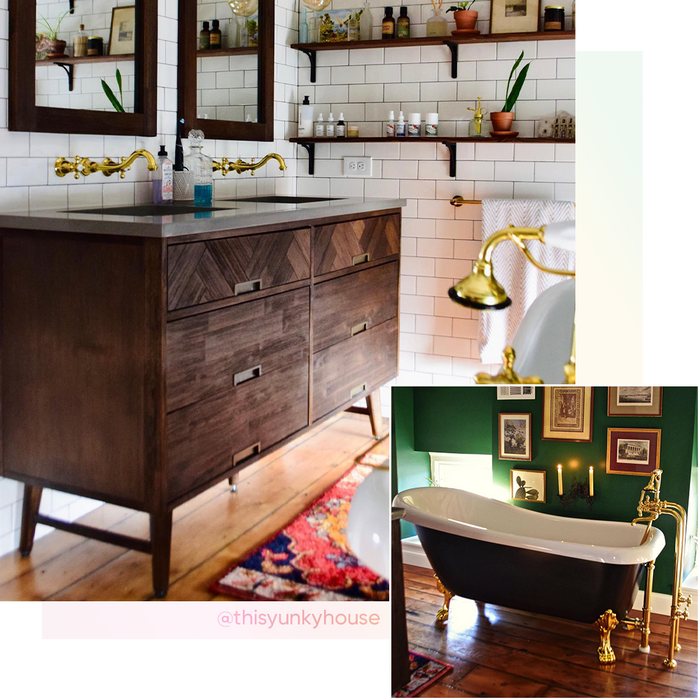 Bathroom from The Yunky House, Danenberg Double Vanity, Edwin Slipper Tub, Freestanding Telephone Faucet in Polished Brass