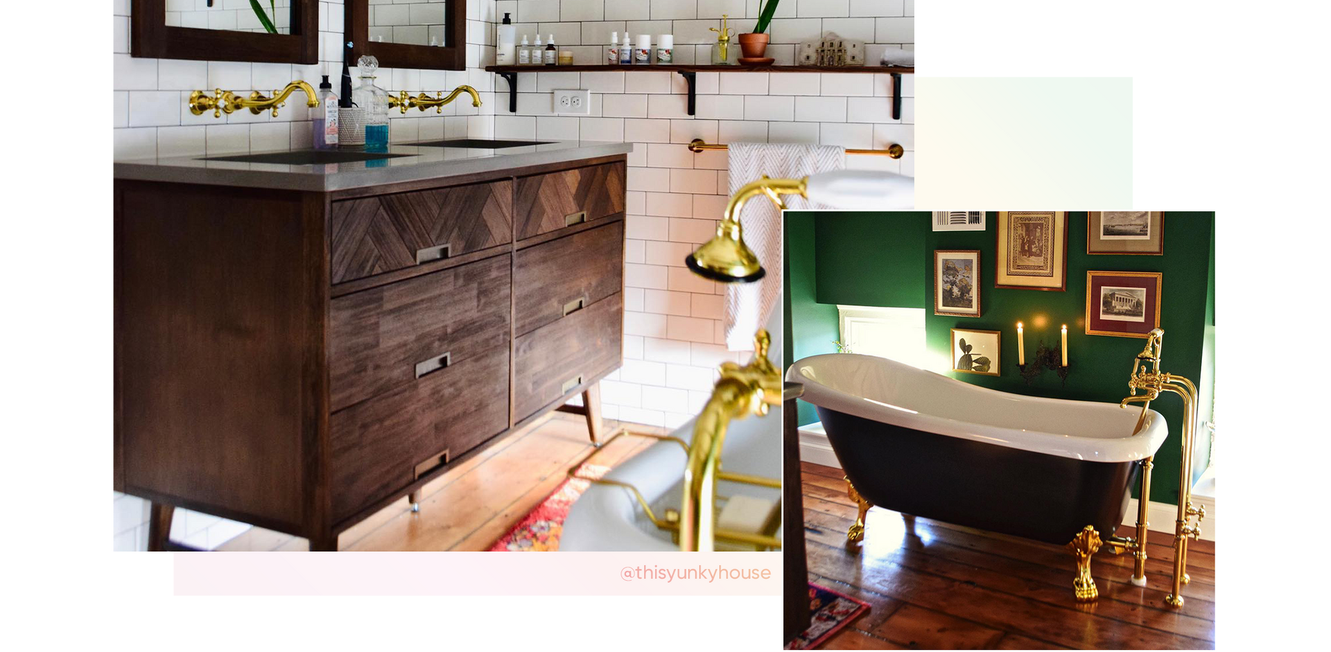 Bathroom from The Yunky House, Danenberg Double Vanity, Edwin Slipper Tub, Freestanding Telephone Faucet in Polished Brass