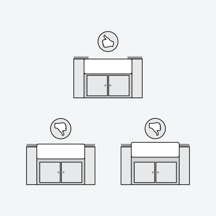 Farmhouse sink installation options - undermount installation is recommended. Flush-mount and built-up installation not ideal.