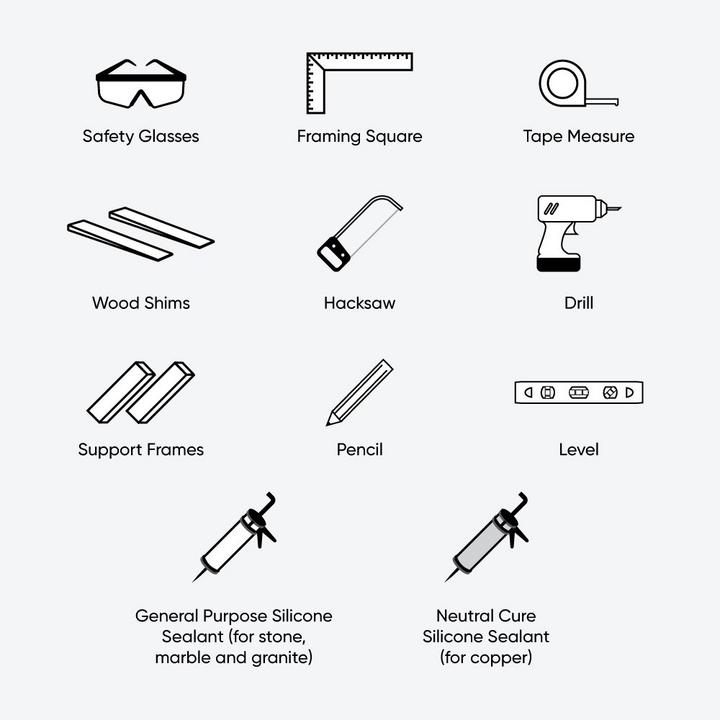 Materials to install a farmhouse sink - safety glasses, framing square, tape measure, wood shims, hacksaw, drill, support frames