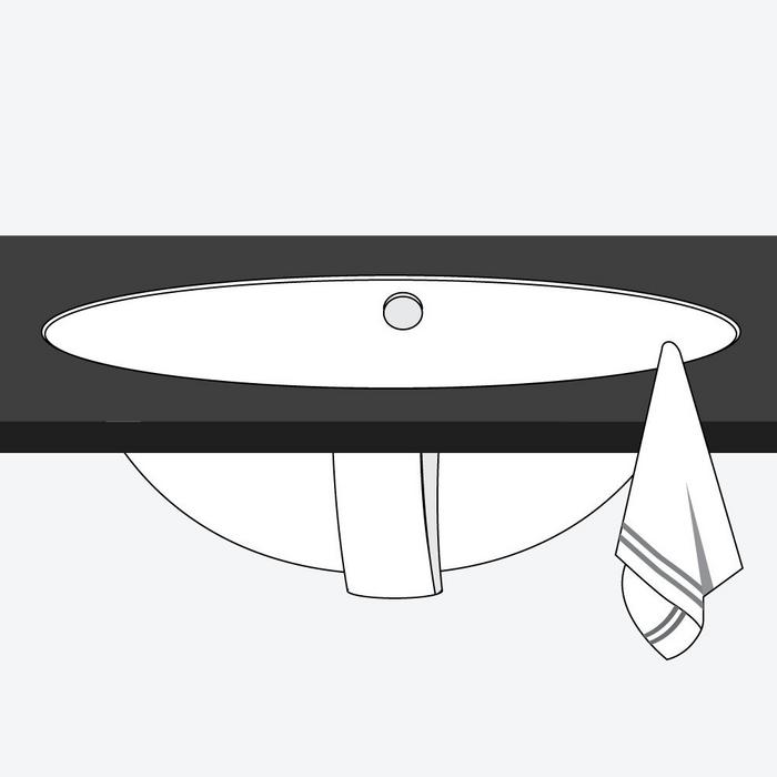 Steps to install undermount sink -  a black vanity top with an undermount sink flipped upright and a cloth wiping the sink