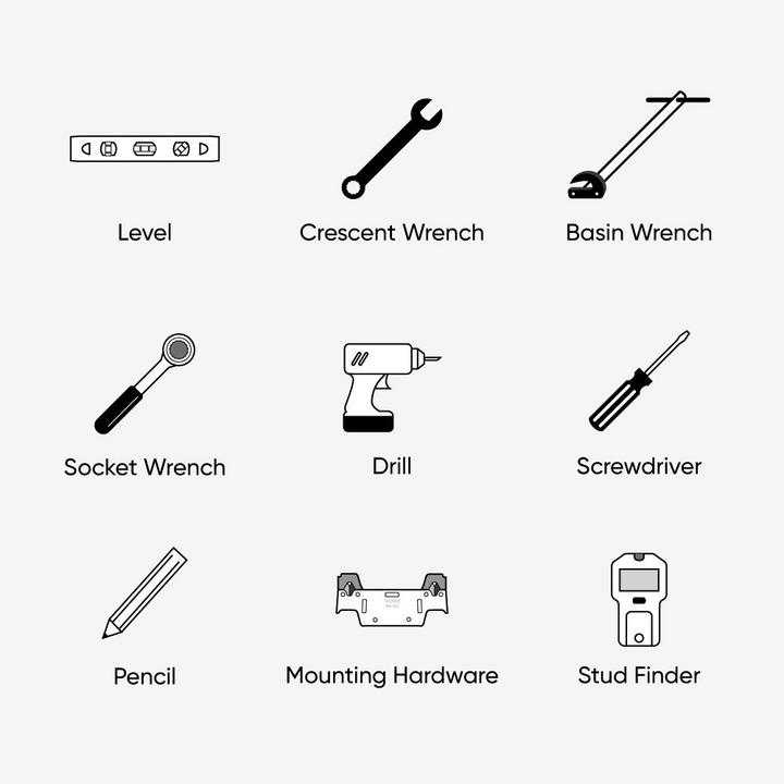 Tools & materials to install wall mount sink - level, crescent wrench, basin wrench, socket wrench, drill, screwdriver, pencil