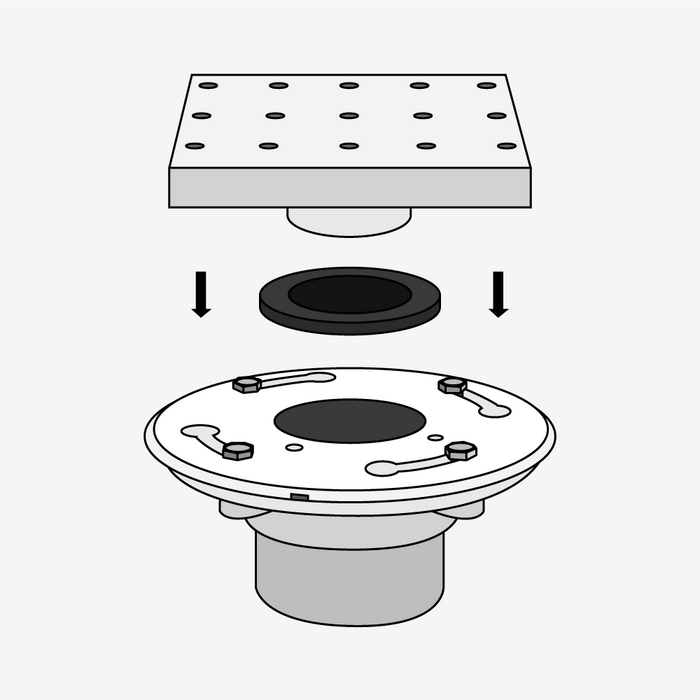 Step 1 - Insert rubber drain gasket into the drain flange coupling. Insert the drain outlet into the rubber gasket