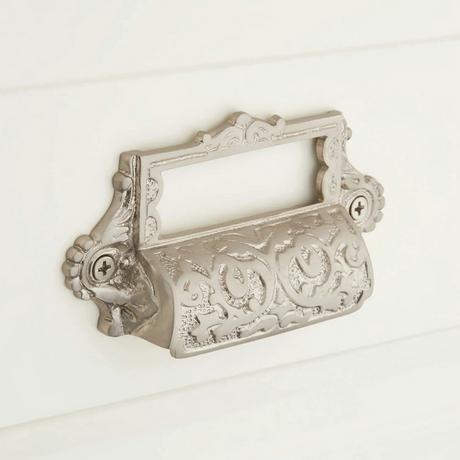 Ornate Brass Cup Pull with Label Holder