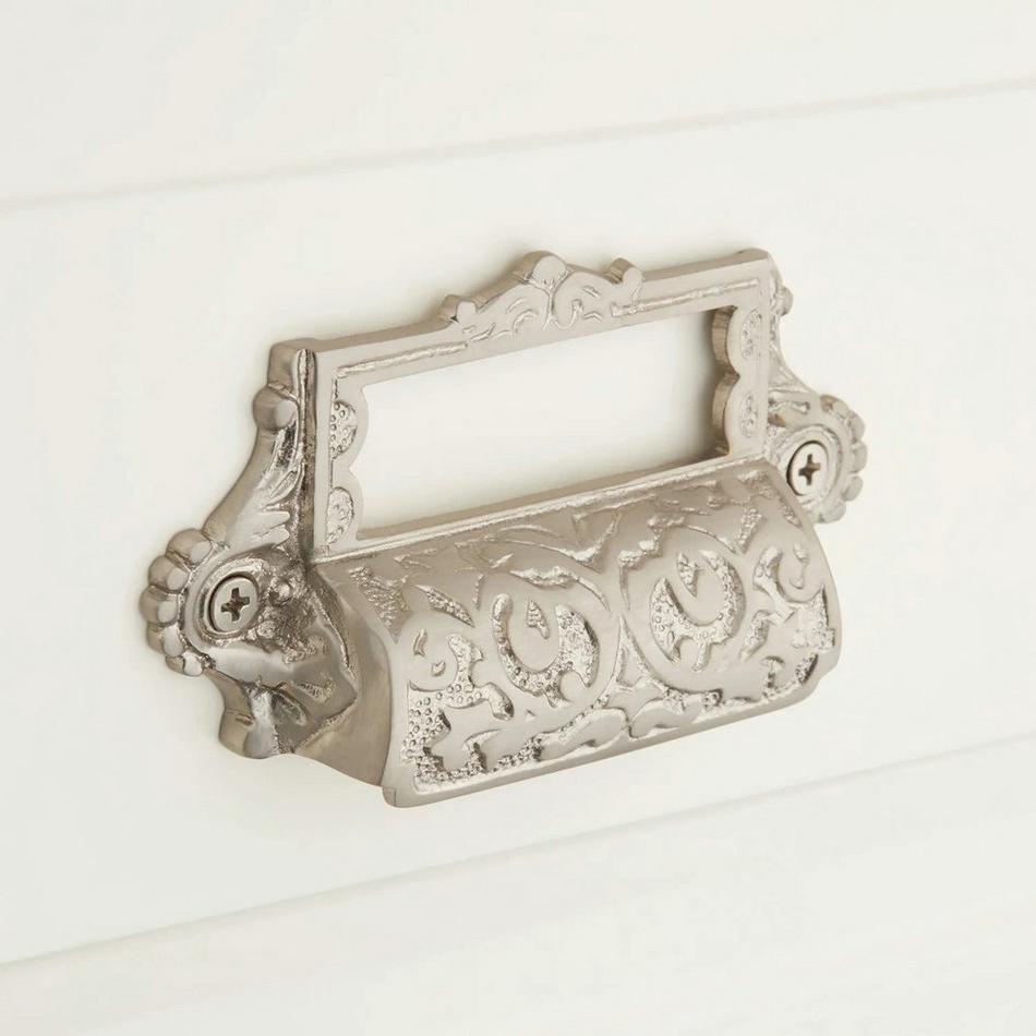 Ornate Brass Cup Pull with Label Holder - Brushed Nickel, , large image number 0