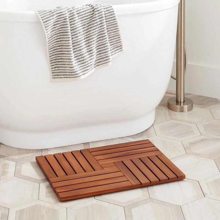 Huan Teak Bathroom Floor Mat in natural teak for bathtub essentials