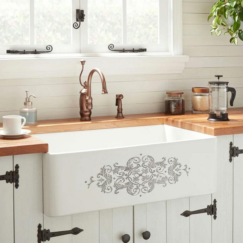 33" Braunig Fireclay Farmhouse Sink - Gray Floral Motif, , large image number 0