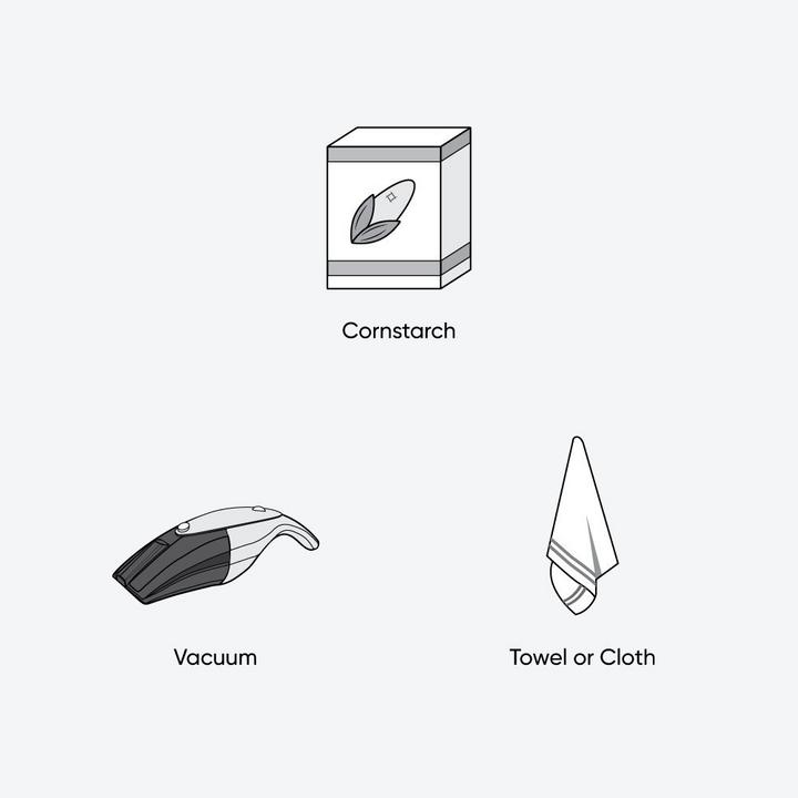 Countertop maintenance option 1 materials - cornstarch, vacuum, towel or cloth