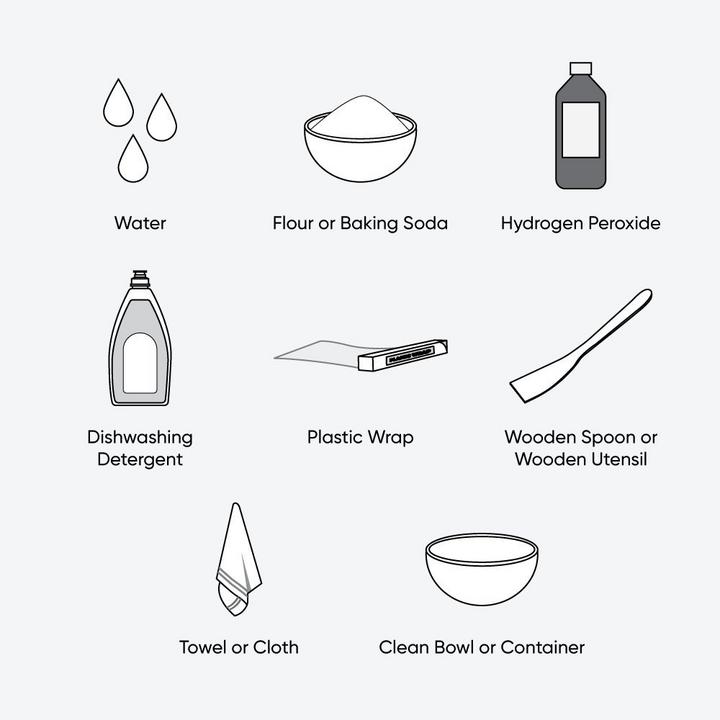 Countertop maintenance option 3 materials - water, flour or baking soda, hydrogren peroxide, dishwashing detergent, plastic wrap