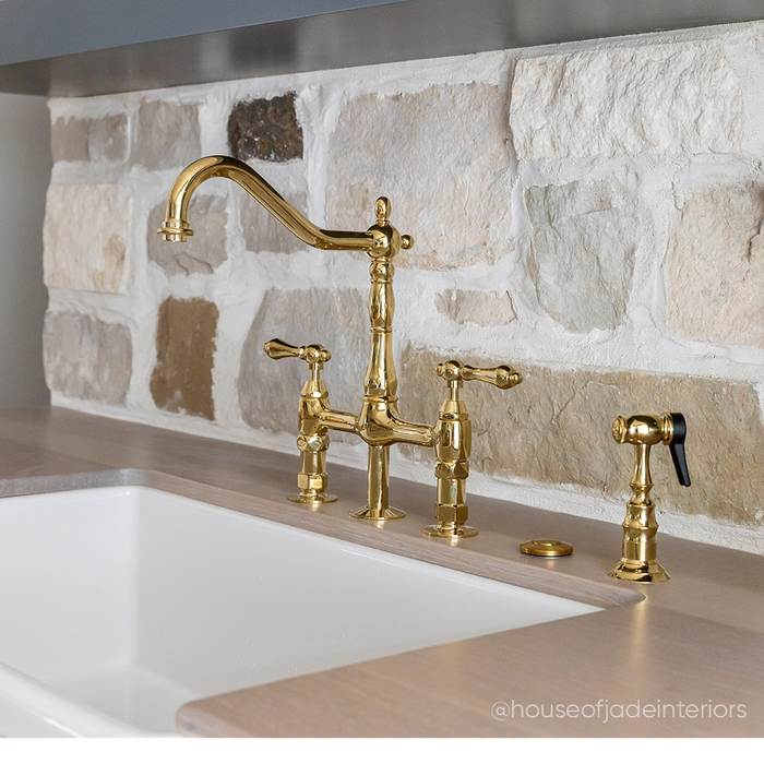 Bellevue Bridge Kitchen Faucet With Sprayer - Lever Handles - Polished Brass