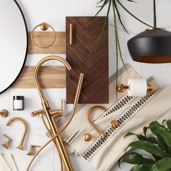 Lentz Freestanding Tub Faucet, Widespread Bathroom Faucet, Toilet Paper Holder, Towel Ring, Brushed Gold