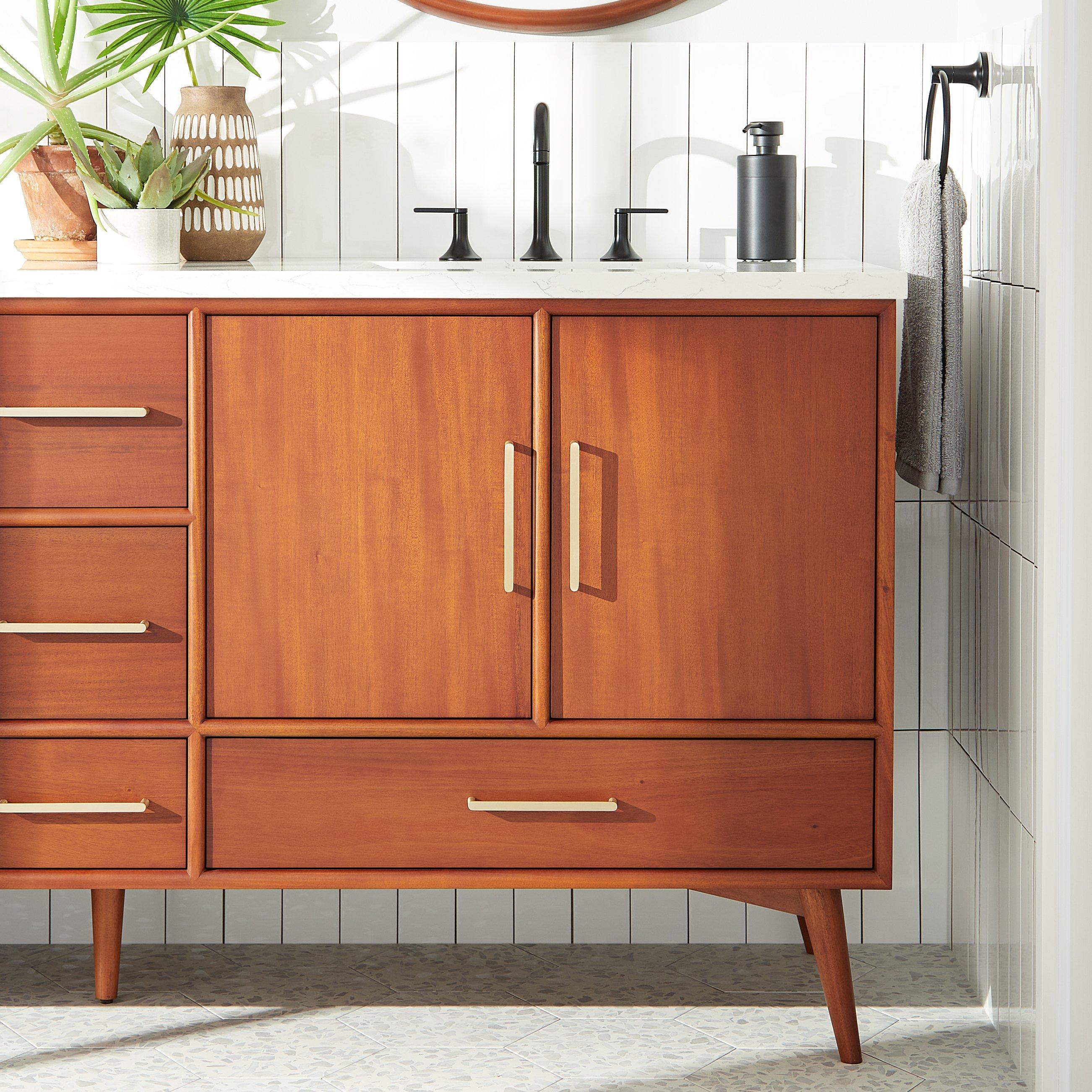 72 inch Novak Teak Vanity, Lentz Widespread Bathroom Faucet in Matte Black