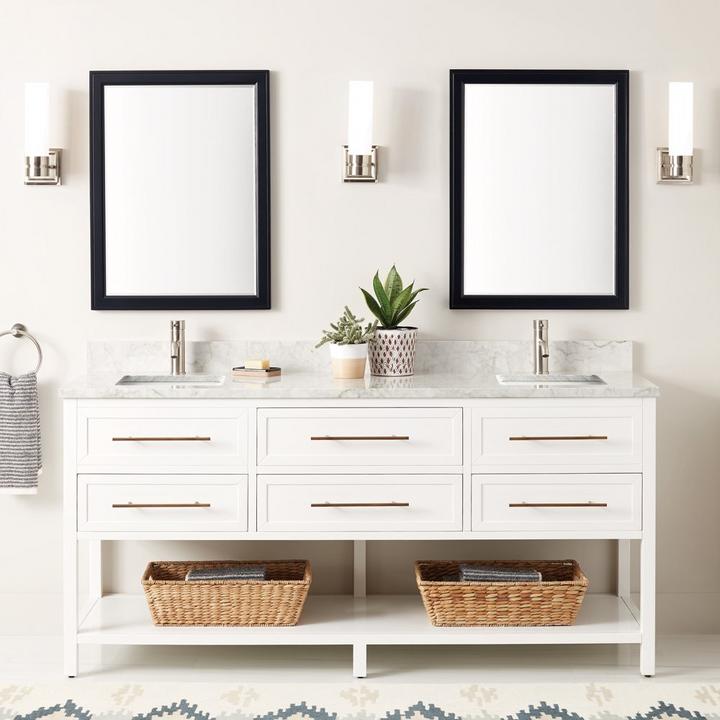 white bathroom vanity with gold hardware