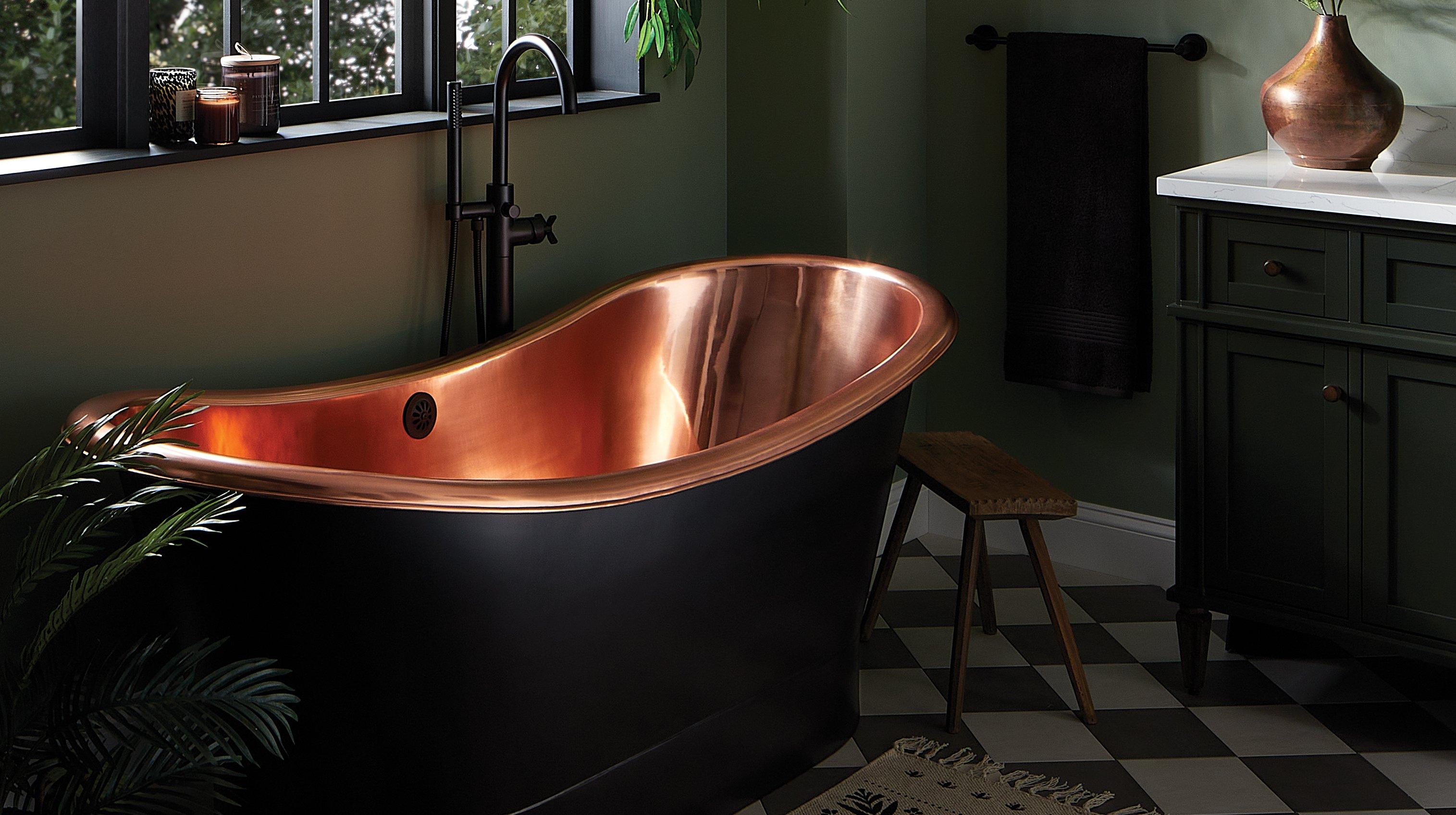 70inch Thaine Antique Black Copper Double-Slipper Pedestal Tub - Polished Interior, Vassor Freestanding Tub Faucet in Matte Black
