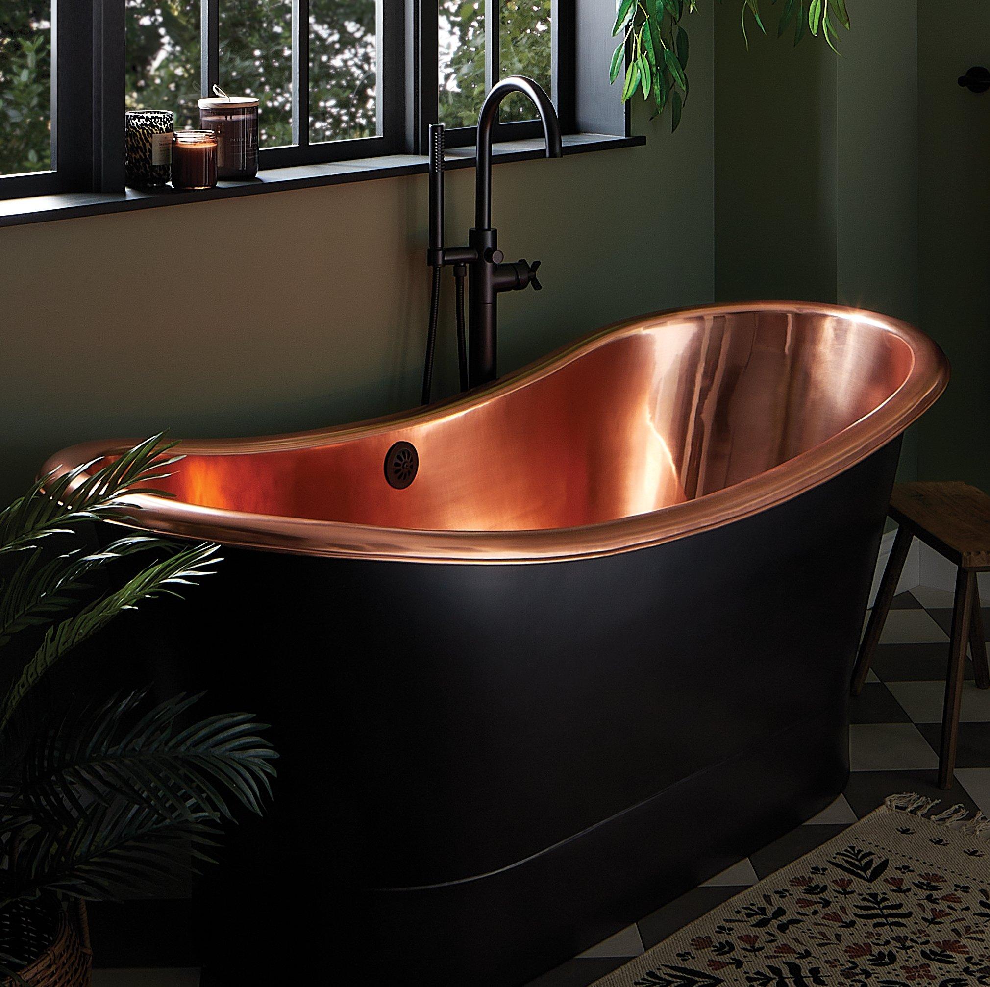 70inch Thaine Antique Black Copper Double-Slipper Pedestal Tub - Polished Interior, Vassor Freestanding Tub Faucet in Matte Black
