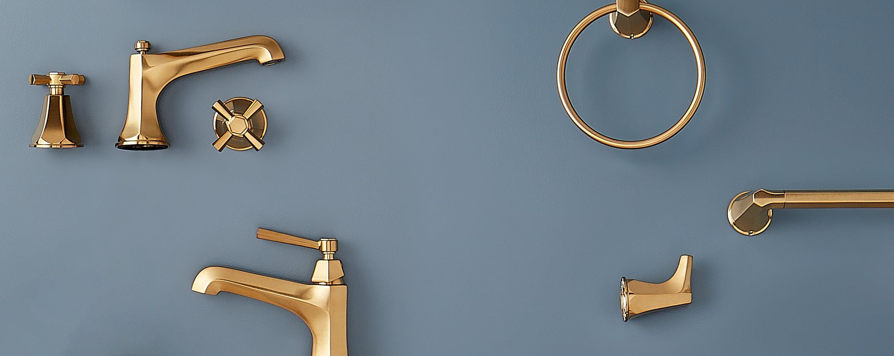 Elita Widespread Bathroom Faucet, Towel Ring, Single-Hole Faucet, Robe Hook in Brushed Gold
