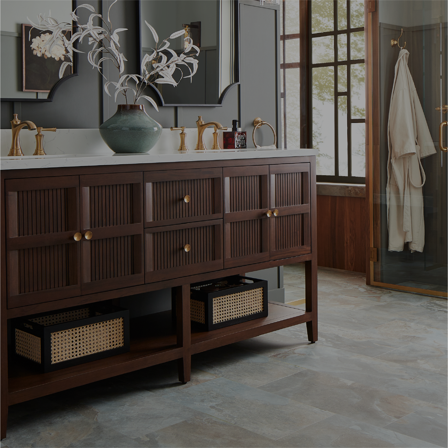 72 inch Nikolai Vanity, Beasley Widespread Bathroom Faucet, Towel Ring, Towel Rod in Brushed Gold