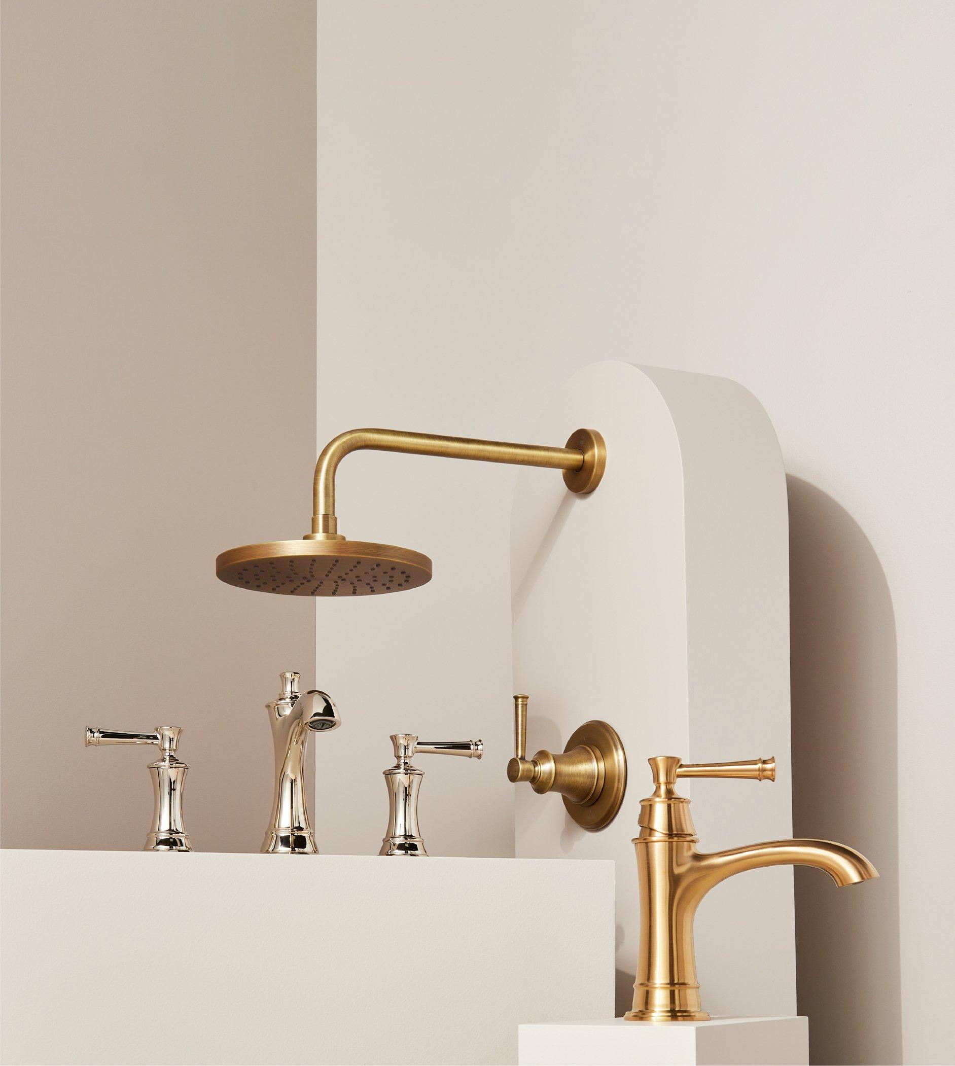 Beasley Single Hole Faucet in Brushed Gold, Beasley Widespread Bathroom Faucet in Polished Chrome, Beasley Pressure Balance Shower Head in Aged Brass
