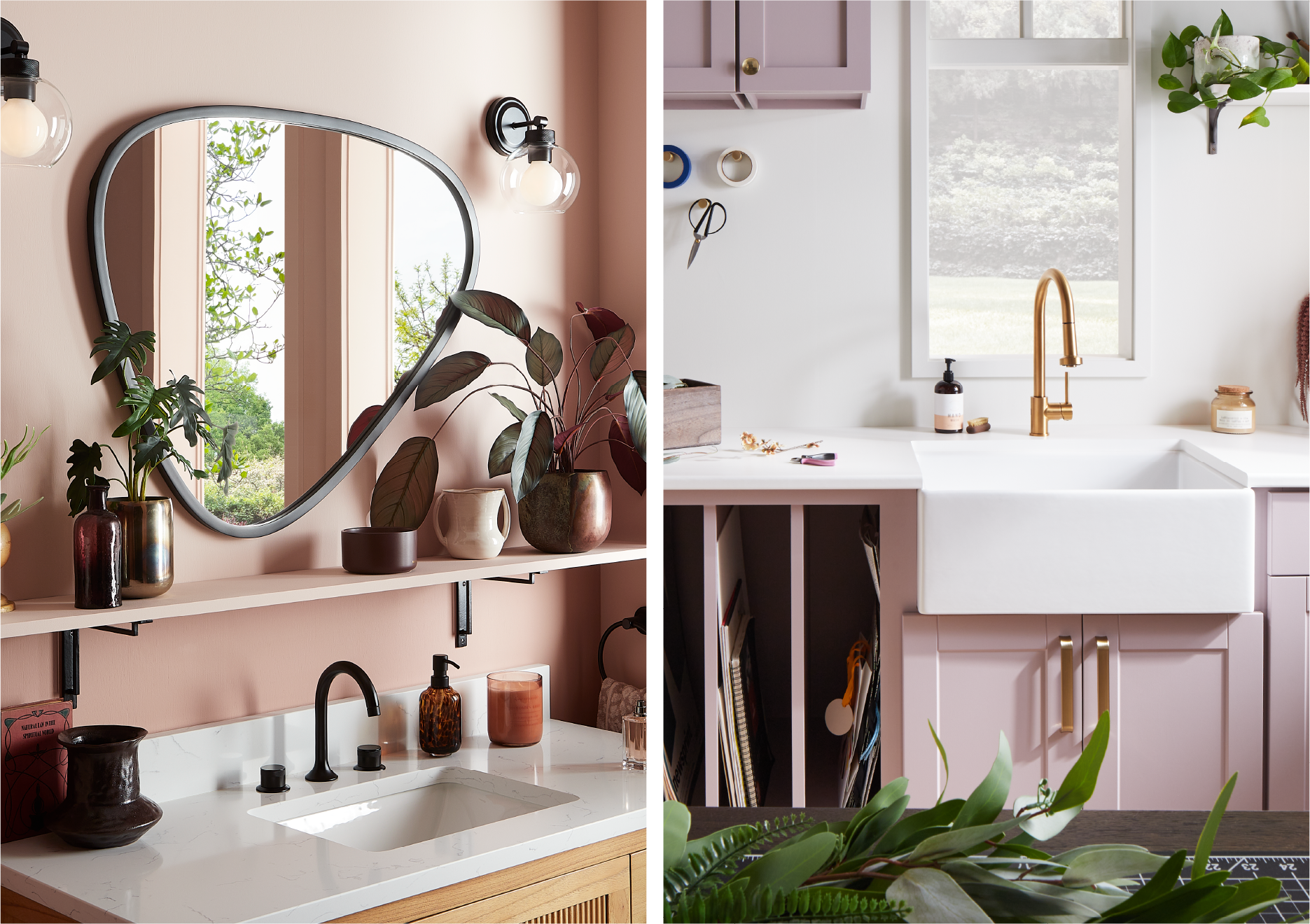 collage of three rooms featuring the Lentz Widespread Bathroom Faucet in Matte Black, Ridgeway Kitchen Faucet in Brushed Gold