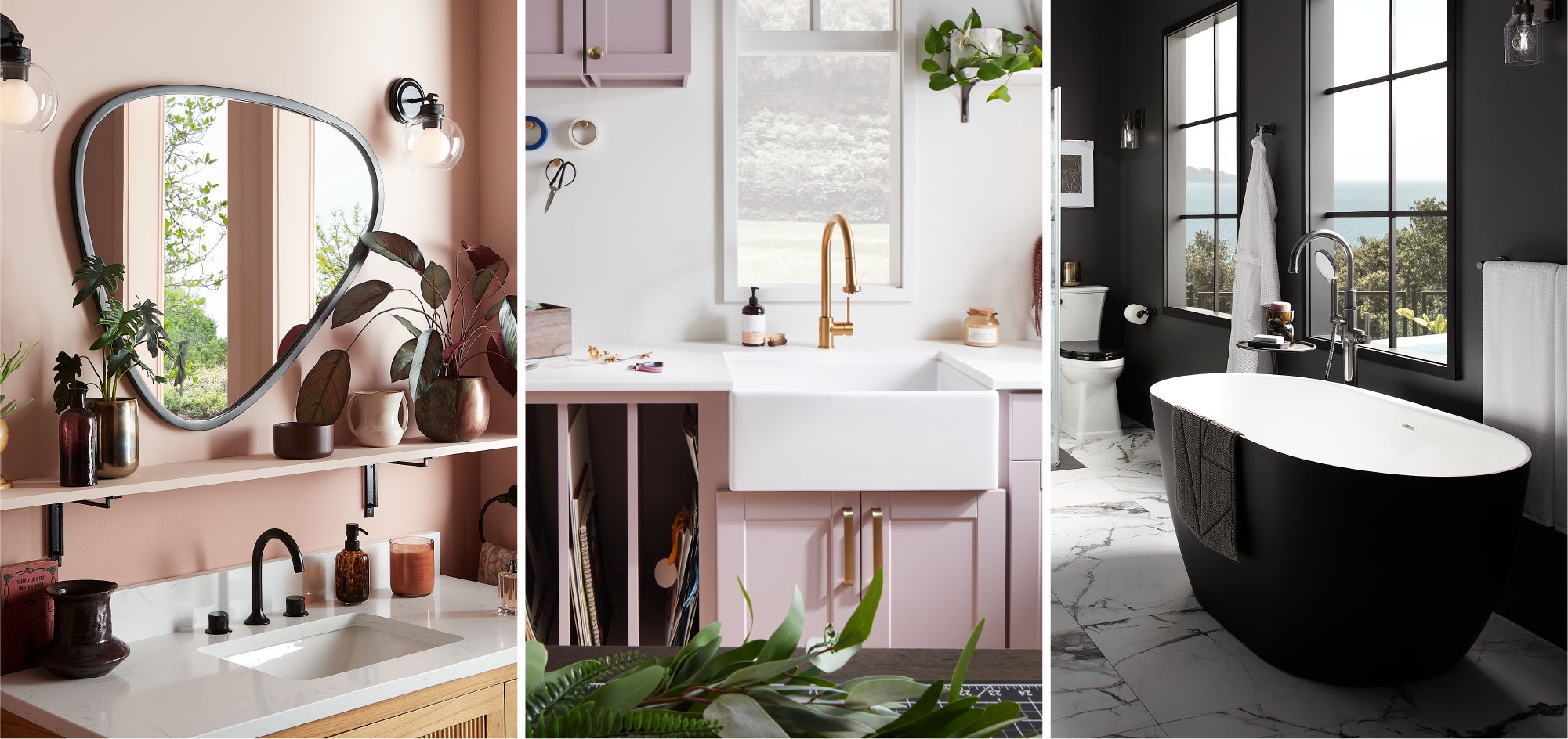 collage of three rooms featuring the Lentz Widespread Bathroom Faucet in Matte Black, Ridgeway Kitchen Faucet in Brushed Gold, Catino Solid Surface Freestanding Tub