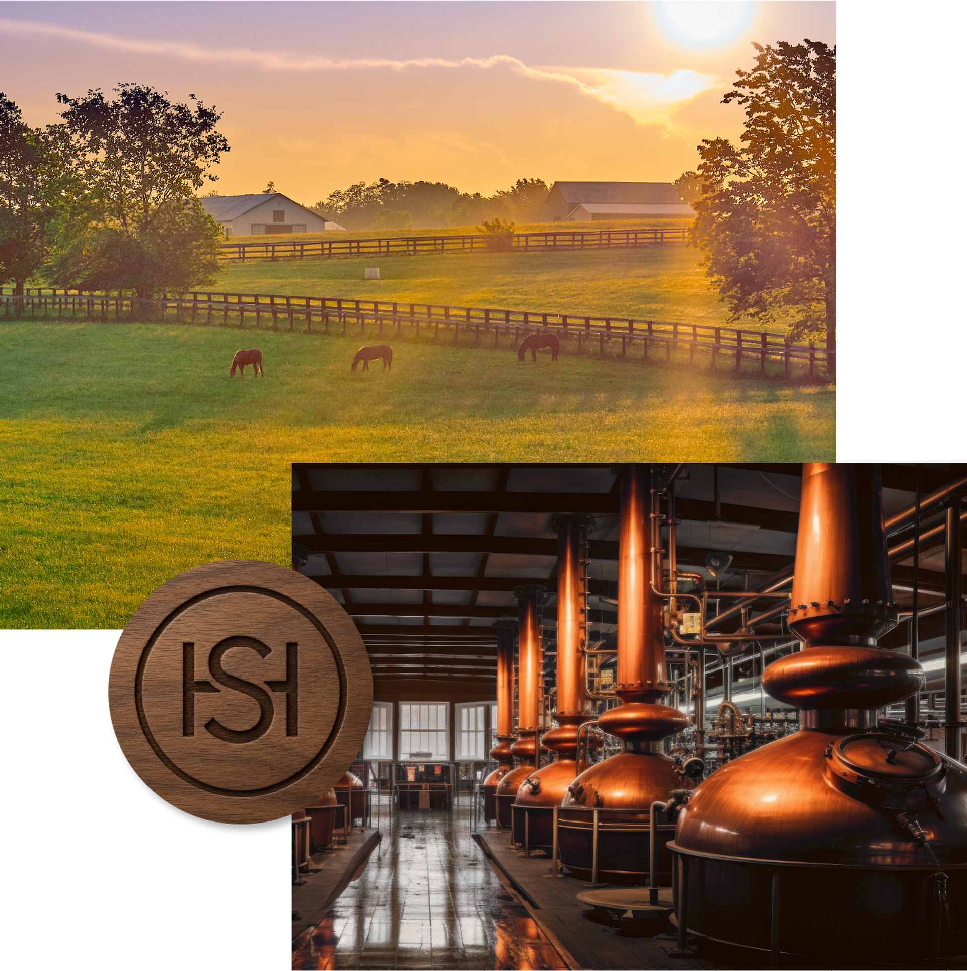Images of Kentucky lanscape, distillery, Signature Hardware Logo