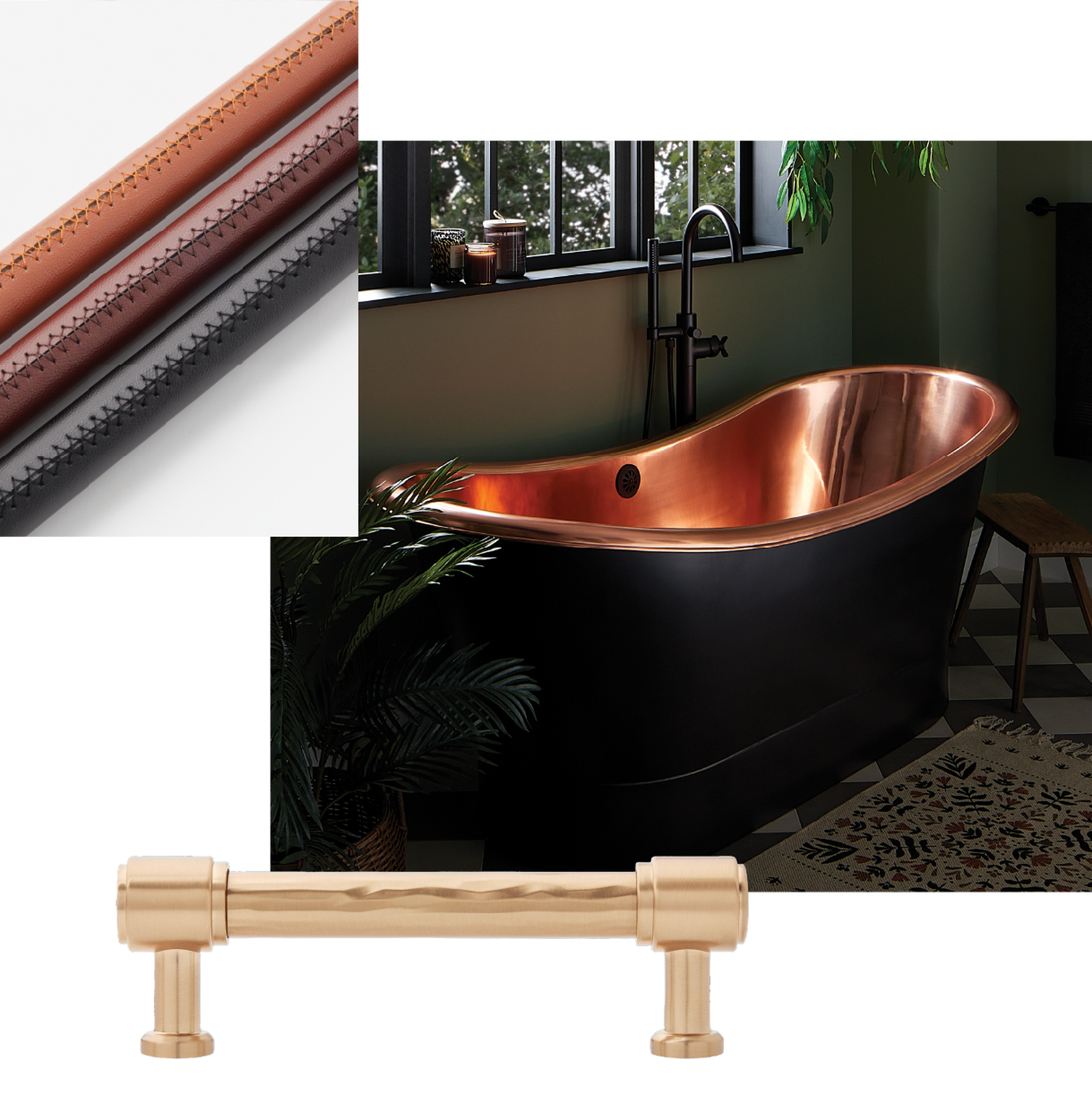 Images of Thaine Copper Tub, Nikolai Bathroom Vanity, Lazzara Leather Cabinet Hardware in Brushed Gold