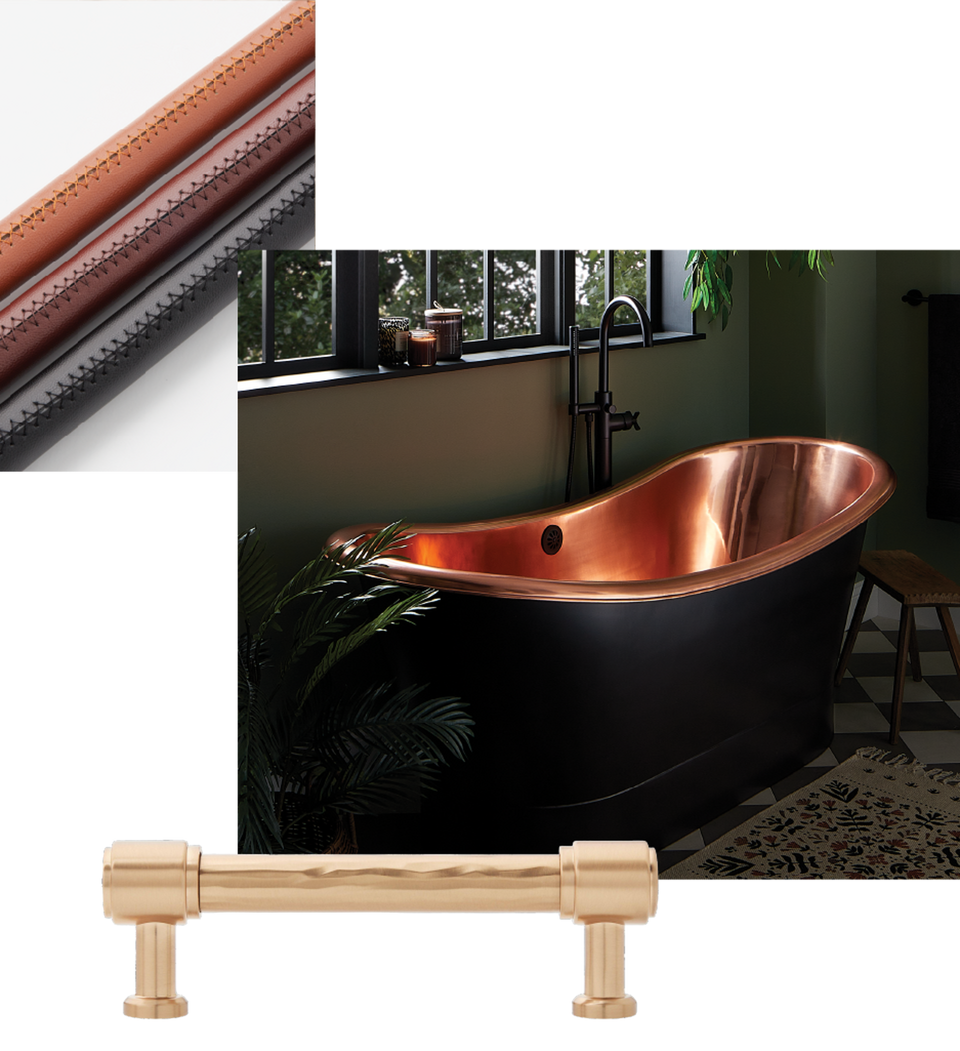 Images of Thaine Copper Tub, Nikolai Bathroom Vanity, Lazzara Leather Cabinet Hardware in Brushed Gold