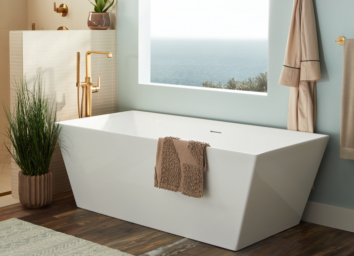 67" Hibiscus Rectangular Acrylic Freestanding Tub, Drea Freestanding Tub Faucet in Brushed Gold